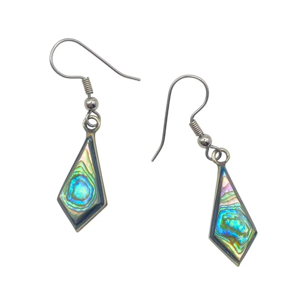 Abalone Shell Drop Earrings Geometric Silver-Tone Dangle Boho Modern Paua - Picture 1 of 7